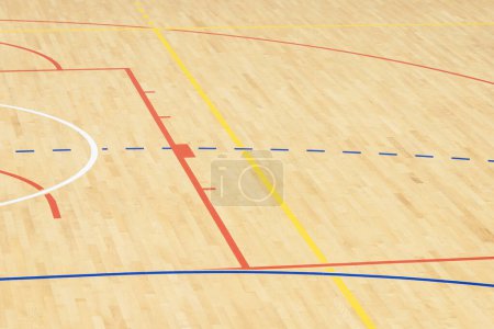 Photo for Wooden floor volleyball, basketball, badminton, futsal, handball court with light effect. Wooden floor of sports hall with marking lines line on wooden floor indoor, gym court - Royalty Free Image