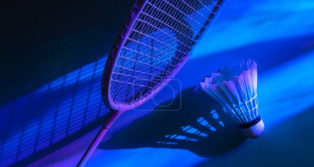 Badminton racket and shuttlecock in vibrant bold gradient holographic neon colors. Horizontal sport theme poster, greeting cards, headers, website and app