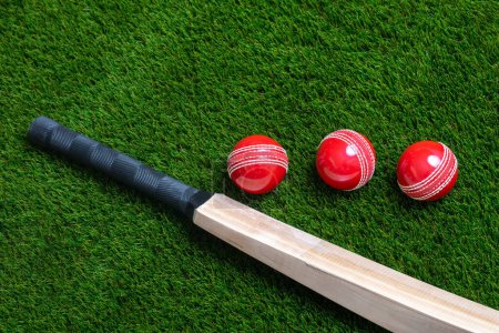 Cricketschläger und roter Ball auf grünem Grashintergrund. Horizontales Sport-Themenposter, Grußkarten, Kopfzeilen, Website und App