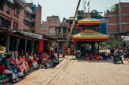 Photo for Bhaktapur, Nepal - Apr 16, 2023: Locals gathering and celebrating Biska Jatra (Bisket Jatra) festival or the Nepalese New Year at Bhaktapur, Nepal - Royalty Free Image