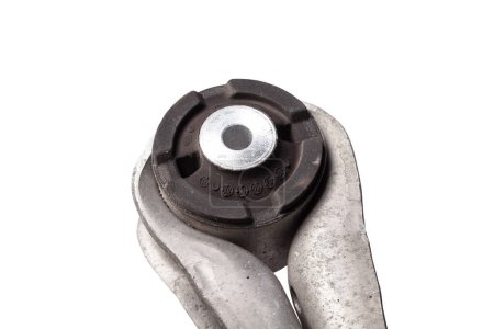 Close-up of a silent block on a used aluminum suspension with fasteners, spare parts for sale during junk yard or for replacement during car service