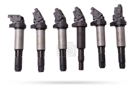 Six ignition coils for an internal combustion engine of a car during repair and service on a white isolated background. Spare parts catalog.