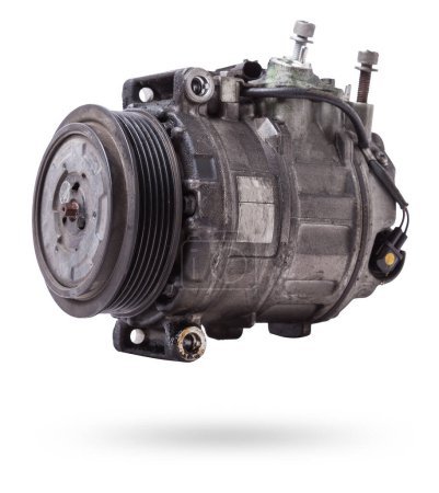 Car spare part air conditioning compressor - pump for supplying freon under pressure to the climate control system to cool the air in hot summer. Spare parts catalog from junkyard.