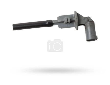 The coolant level sensor is black on a white background with metal elements, it is installed on the expansion tank or washer tank.