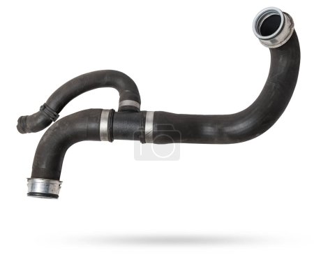 Black rubber hose of the car engine cooling system on a white isolated background in a photo studio for replacement during repair or for a catalog of spare parts for sale on auto disassembly.