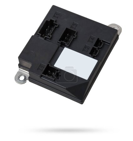 Metallic car engine control unit with plastic elements soaring on a white isolated background is connecting center of various subsystems, units and assemblies. Spare part.