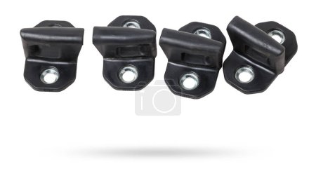 Spare part and body element hinge of a door lock from a car on a white isolated background. Auto service industry.