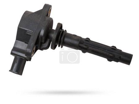 Black ignition coil for engine, isolated on white background. Spare parts for vehicle repair in garage.