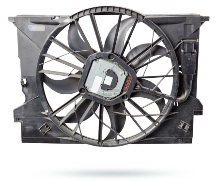 Car cooling fan with plastic blades radiator fan on white background. Car thermal clutch. Radiator fan cooling on white background.