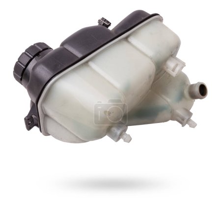 Coolant expansion tank white on an isolated background with black details. A unit of a liquid cooling system for internal combustion engines, a capacity of a special design.