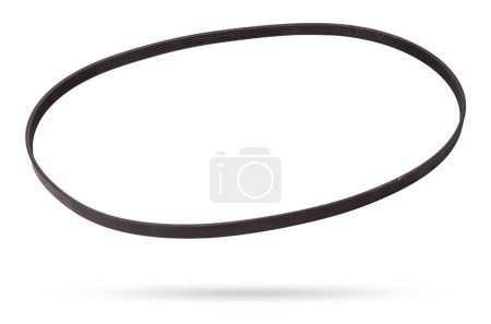 V-ribbed engine belt made of black rubber on a white isolated background in a photo studio of auto parts for replacement during repair or for a catalog of spare parts for sale on auto analysis.