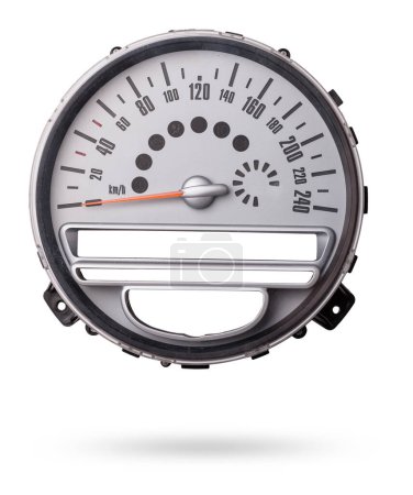 The dashboard of the car with white arrows with a speedometer to monitor the condition of the vehicle in modern style on white isolated background. Spare parts catalog for vehicles.
