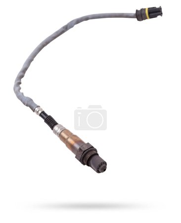 Lambda probe - oxygen sensor device designed to record tamount of remaining oxygen in the exhaust gas of car engine is located in exhaust system. Metal spare part for replacement to repair in workshop