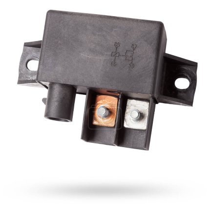 Plastic car engine control unit with connector soaring on a white isolated background is connecting center of various subsystems, units and assemblies. Spare part.