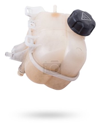 Coolant expansion tank white on an isolated background with black details. A unit of a liquid cooling system for internal combustion engines, a capacity of a special design.