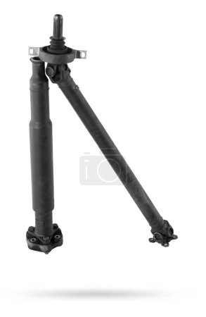 cardan shaft of a car with a steel rod, a sliding fork and an intermediate bearing for transmitting torque. Spare part for sale or replacement in a auto service.