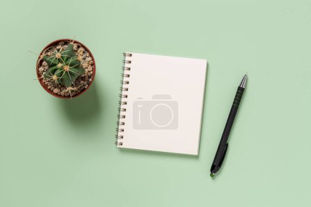 Empty notepad, pen and cactus against green background. Blank notebook for writing day planning, business organizing, life goals. Making to do list mock up. Copy space. Top view.-stock-photo