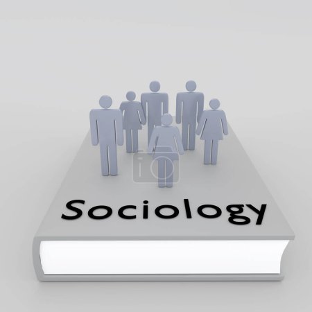 Téléchargez les photos : Illustration 3D du script Sociologie sur un livre avec des silhouettes humaines, isolées sur un motif gris pâle. - en image libre de droit