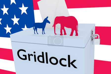 Photo for 3D illustration of a ballot box with silhouettes of donkey and elephant on its top, and Gridlock script in front side, isolated over US flag as background - Royalty Free Image