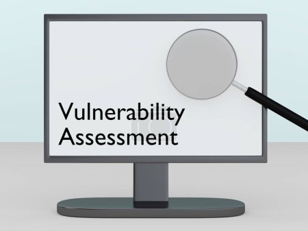 Foto de Ilustración 3D del script Vulnerability Assessment en una pantalla de PC, junto con una lupa simbólica. - Imagen libre de derechos