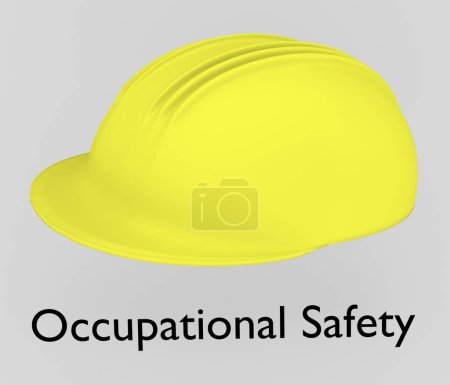 Téléchargez les photos : Illustration 3D du texte sur la sécurité au travail sous un casque de sécurité jaune, isolé sur un fond gris. - en image libre de droit