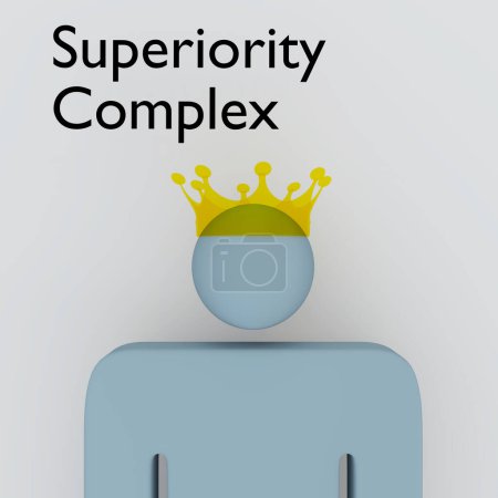 Téléchargez les photos : 3D illustration of Superiority Complex script above a head silhouette with a symbolic translucent golden crown - en image libre de droit