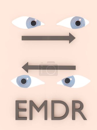 Foto de Ilustración 3D de dos pares de ojos titulada EMDR: los ojos superiores mirando hacia la derecha y los ojos inferiores mirando hacia la izquierda - Imagen libre de derechos