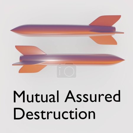 Foto de Ilustración 3D de dos misiles, uno frente al otro con el texto Destrucción Mutua Asegurada. - Imagen libre de derechos