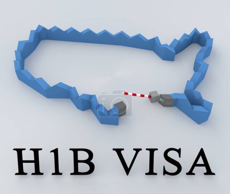 Téléchargez les photos : Illustration 3D d'un bulletin de vote avec le script H1B Visa sur un relief des États-Unis d'Amérique ; avec barrière surélevée asybolique ; inEntrée - en image libre de droit
