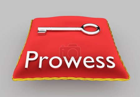 Foto de Ilustración 3D del título de Prowess en almohada de terciopelo rojo cerca de una llave de plata, aislada sobre fondo gris. - Imagen libre de derechos