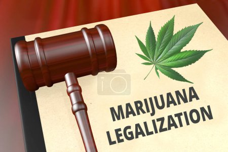Foto de Ilustración 3D del título de la Legalización de la Marihuana en un documento legal, aislado sobre textura de madera. - Imagen libre de derechos