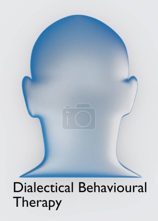 Téléchargez les photos : Illustration 3D d'une silhouette de tête grise intitulée Thérapie comportementale dialectique, isolée sur fond gris clair. - en image libre de droit