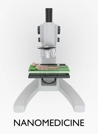 Téléchargez les photos : Illustration 3D d'un microscope avec une personne symbolique sur un lit, intitulé Nanomédecine. - en image libre de droit