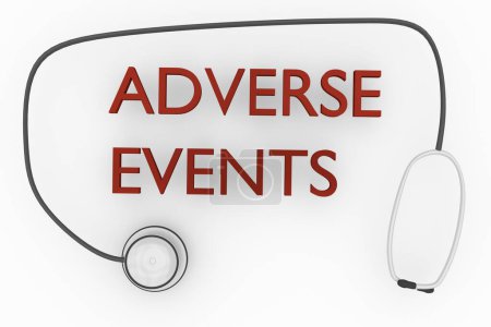 3D illustration of ADVERSE EVENTS script with stethoscope, isolated over pale gray background.