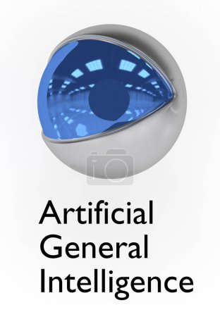 Foto de Ilustración 3D de una cabeza robot titulada Inteligencia General Artificial, aislada en gris pálido. - Imagen libre de derechos