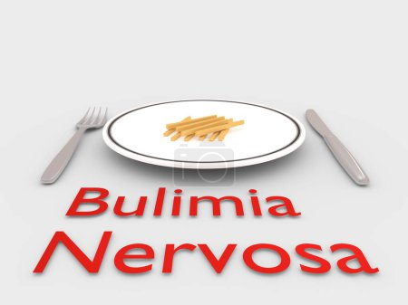 Foto de Ilustración 3D de unas pocas papas fritas en un plato blanco junto con un cuchillo de plata y un tenedor en un mapa gris, por encima de un guion rojo Bulimia Nervosa. - Imagen libre de derechos
