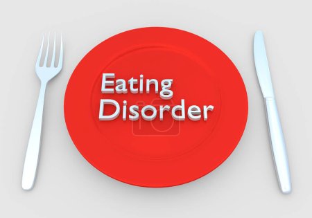 Photo for 3D illustration of a white script Eating Disorder on an empty red plate along with silver knif and fork on a gray map. - Royalty Free Image