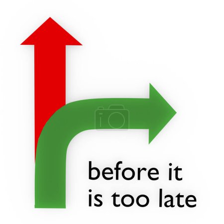 Téléchargez les photos : Illustration 3D d'une flèche droite rouge pointant vers le haut et d'une flèche courbée verte pointant vers la droite, intitulée Avant qu'il ne soit trop tard. - en image libre de droit