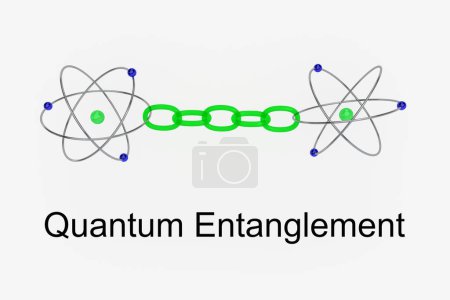 Foto de Ilustración 3D de dos átomos vinculados simbólicamente por una cadena transparente, titulada Enredo cuántico. - Imagen libre de derechos