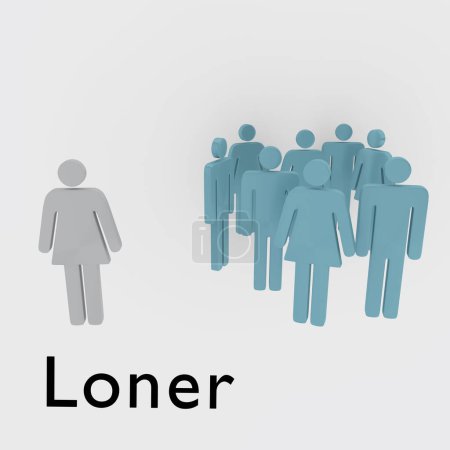 Photo for 3D illustration of silhouettes of a lonely women apart of a group of men and women, titled as Loner - Royalty Free Image
