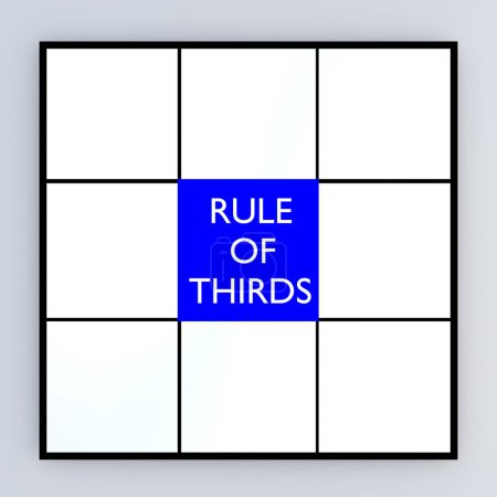 Photo for 3D illustration of a white square divided into nine equal squares, with a blue center containing the text RULE OF THIRDS. - Royalty Free Image
