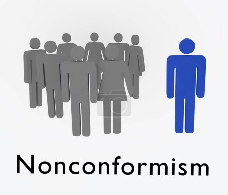 Téléchargez les photos : Illustration 3D de silhouettes d'un homme seul, séparé d'un groupe d'hommes et de femmes, intitulé Non-conformisme - en image libre de droit