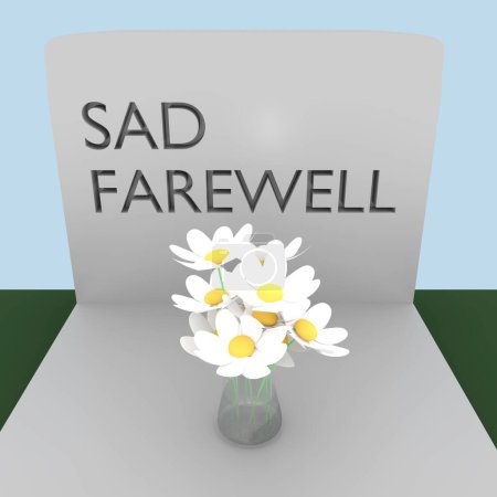 Téléchargez les photos : Illustration 3D d'une fleur de vase sur la pierre tombale d'une personne aimée, avec le script SAD FAREWELL. - en image libre de droit
