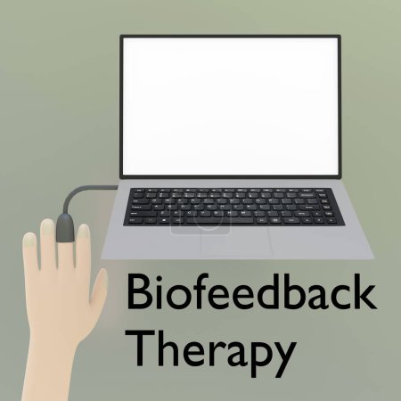 Photo for 3D illustration of a hand finger likned to a laptop, titled as Biofeedback Therapy. - Royalty Free Image