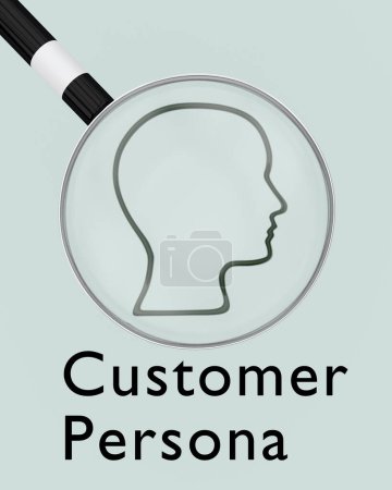 3D-Illustration einer Lupe über einer menschlichen Silhouette mit dem Titel Customer Persona.