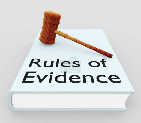 3D illustration of a legal gavel on a book with Rules of Evidence title, isolated over pale blue backgrond. 