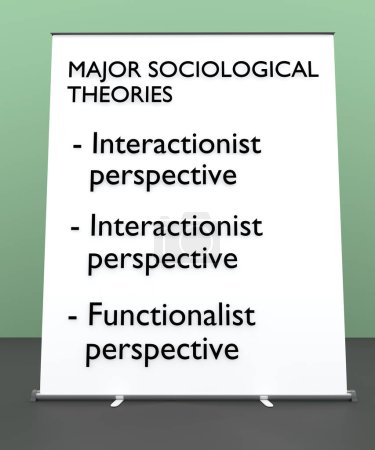 3D illustration of a rollup screen displaying three major sociological theories: interactionist perspective, conflict perspective, functionalist perspective.