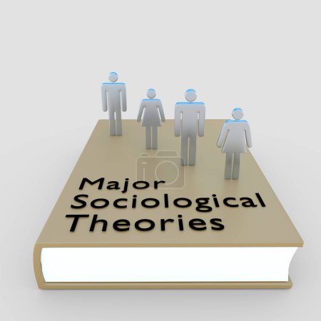 3D illustration of  Major Sociological Theories script on a book along with human silhouettes, isolated on a pale gray pattern.
