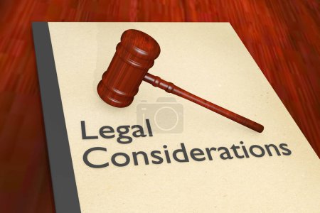 Ilustración 3D de un martillo del juez en un folleto legal, titulado como Consideraciones Legales.