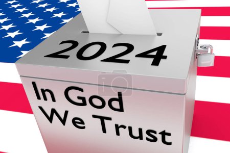 3D illustration of 2024 ballot box, titled as script In God We Trust.